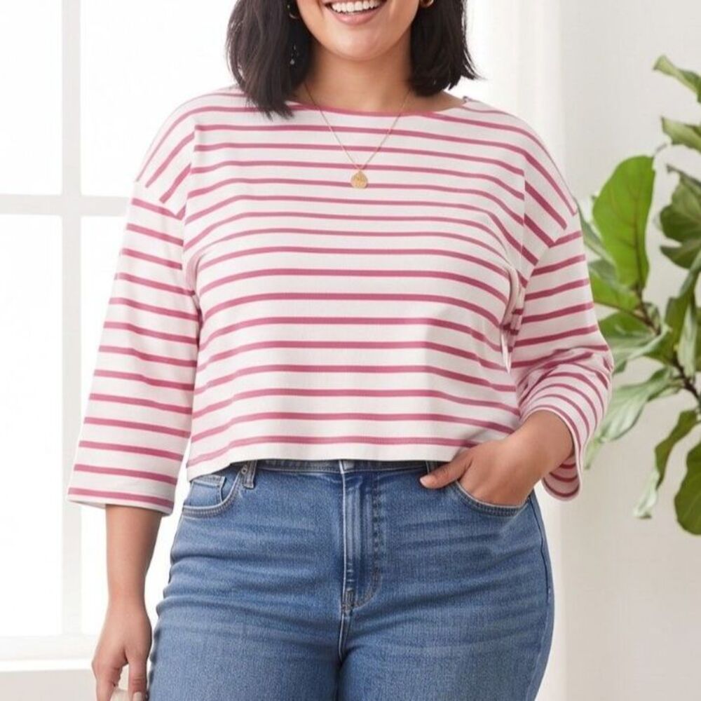 Old Navy Womens XL Pink White Striped Boxy Boatneck Crop T-Shirt Top